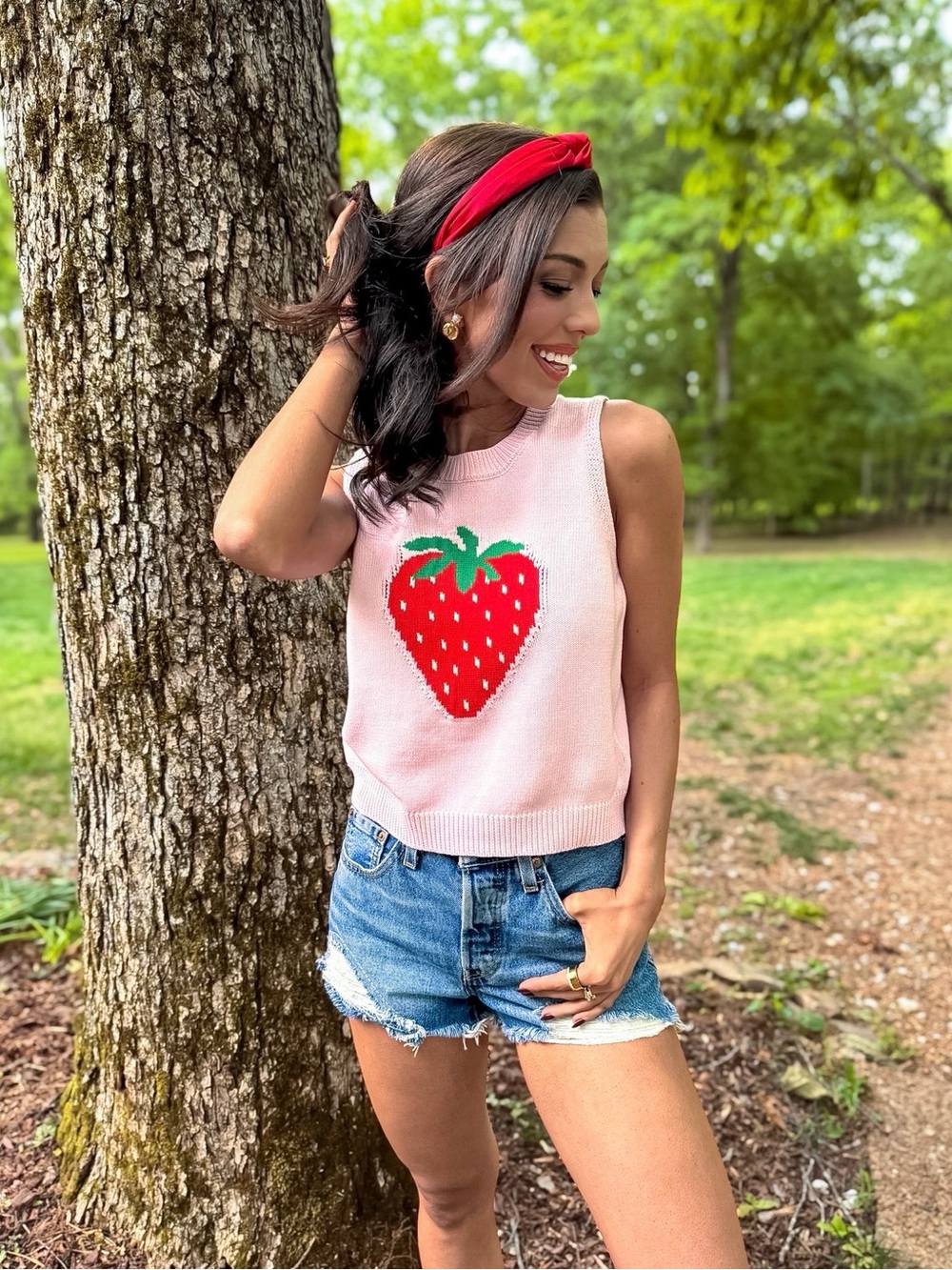 Double Zero Pink Knit Tank with Red Strawberry Graphic